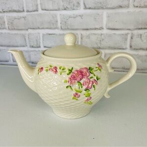 Vintage White Ceramic Textured Pink/Green Floral Teapot With Lid